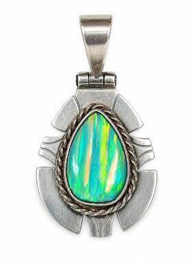VTG Mexico 950 Silver Lab Opal Pendant Hinged Bail Southwest Native Style 1.5”